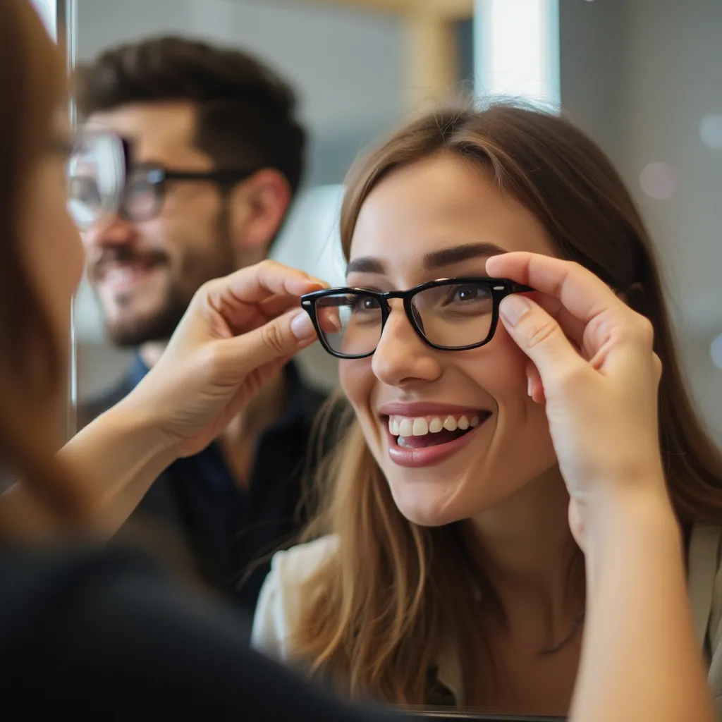 Cliente feliz probándose gafas